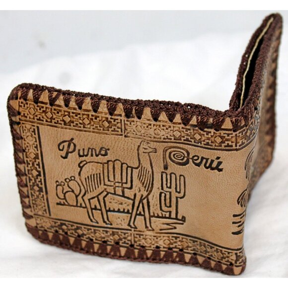 Peruvian Peru Folding Leather Wallet Tooled Llama Hand Stitched Men Teen Native - Picture 2 of 5